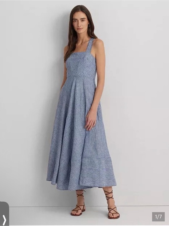 Ralph Lauren Dresses & Skirts - Ralph Lauren Linen Square Neck Striped Midi Dress Size 10